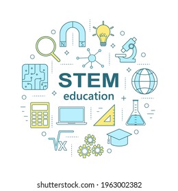 Vector round set of educational linear icons. STEM education: science, technology, engineering, mathematics. Icons for website design, application, logo, user interface.