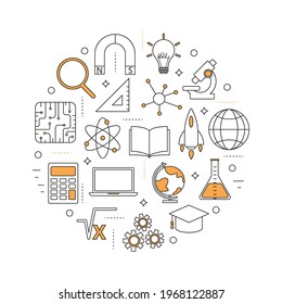 Vector round set of educational linear icons. STEM education: science, technology, engineering, mathematics. Icons for website design, application, logo, user interface.