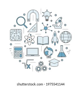 Vector round set of educational linear icons. STEM education: science, technology, engineering, mathematics. Icons for website design, application, logo, user interface.