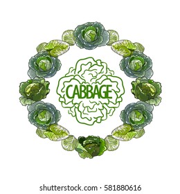 Vector round set of green cabbage with text in the middle. Isolated on white background.