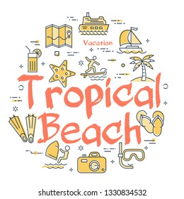 Vector round set of linear icons of yellow color showing concept of summer activities and traveling isolated on white background. Banner with text - tropical beach