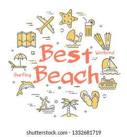 Vector round set of linear icons of yellow color showing concept of summer activities and traveling isolated on white background. Banner with text - Best Beach