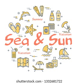 Vector round set of linear icons of yellow color showing concept of summer activities and traveling isolated on white background. Banner with text - Sea and sun