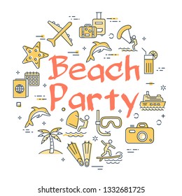 Vector round set of linear icons of yellow color showing concept of summer activities and traveling isolated on white background. Banner with text - Beach Party