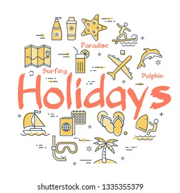 Vector round set of linear icons of yellow color showing concept of summer activities and traveling isolated on white background. Banner with text - holidays