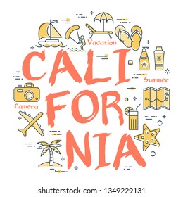 Vector round set of linear icons of yellow color showing concept of summer activities and traveling isolated on white background. Banner with text - California