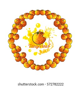 Vector round set of orange tangerines and text. Isolated on white background.