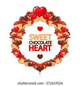Vector round set of red and chocolate hearts. Round set of gifts. Illustration isolated on white background.