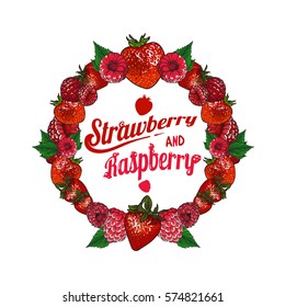 Vector round set of sweet and beautiful strawberry and raspberry. Illustration isolated on white background. Can be used for some emblem or logotype.
