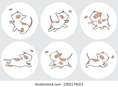 Vector Round Shape Stickers with Cute Hand Drawn White-Brown Little Puppies. Lovely Party Decoration with Funny Baby Dog and Flying Butterfly on a White Background. Sweet Baby Amstaff Print. 