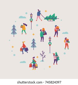 Vector round shaped design element on winter holiday season and Christmas eve festive chores with abstract people carrying gifts and evergreen trees in snowy background 