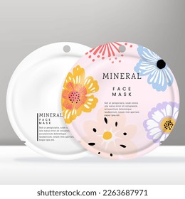 Vector Round Shaped Facial Mask Foil Bag Packet with Hand Drawn Floral Print Pattern.