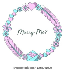 Vector round shaped frame for Valentine's Day in pink and turquoise colors with flowers, hearts, feathers and envelope of hearts. Beautiful hand drawn border for romantic postcard design.