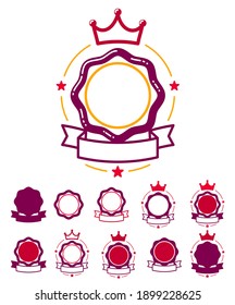 Vector round shaped stamps or stickers set isolated over white, classical badges or icons, logotypes design in old retro style, simple icons template with blank space.