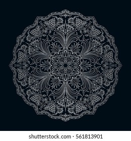 Vector round silver floral vintage pattern on blue background.