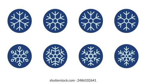 Vektorgrafik rund Schneeflocken-Symbole. Blaue Wintersymbole, editierbares Strichset. Einfache geometrische Formen Sechseck, Schneefall Kälteeinbruch, frostiges Wetter. Weihnachtsmusiken Neues Jahr Ornament Dekor für Social Media. Lagerbestand