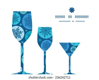 Vector round snowflakes three wine glasses silhouettes pattern frame