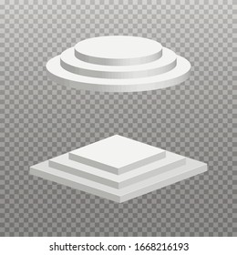  Vector round and square 3d empty podium with steps. Three-stepped winner pedestals. Stage for awards ceremony isolated on transparent background.