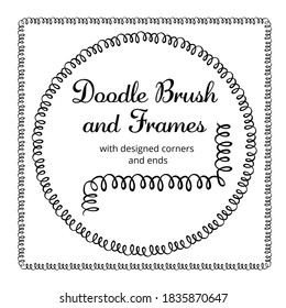 Vector round and square frames and hand drawn brush for them. Vector isolated illustration. Brush is included in eps.