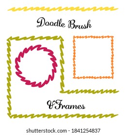 Vector round and square frames and hand drawn brush for them. Vector isolated illustration. Brush is included in eps.