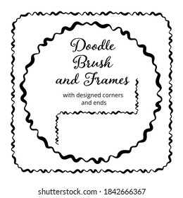 Vector round and square frames and hand drawn brush for them. Vector isolated illustration. Brush is included in eps.