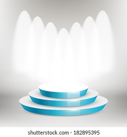 Vector round stage, scene and bright lights background.