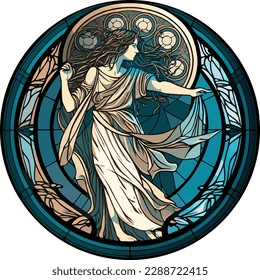 Vector round stained glass window wind goddess 