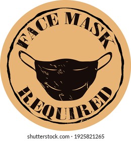 Vector round stamp with medical mask and text FACE MASK REQUIRED on craft background in old style. Wear Mask symbol. Mandatory sign for wearing mask. Anti coronavirus measures, COVID-19.