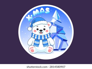 Vector round sticker. Cute little cartoon sitting white polar bear wearing warm blue cap and scarf. Ice spruce. Snowy cold north pole. Merry Christmas, Happy New Year. Holiday decal. Northern animal