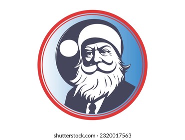 Vector round sticker with a graphic monochrome portrait of Santa Claus gentleman in a cap, with a beard and tie. White isolated background.