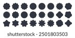 Vector round stickers with wavy edge. Geometric simple scallop circle in black color for badge proposal, price tag. Starburst sale, sun emblem favorable offer. Silhouette design black elements.