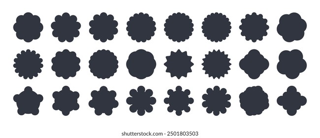 Vector round stickers with wavy edge. Geometric simple scallop circle in black color for badge proposal, price tag. Starburst sale, sun emblem favorable offer. Silhouette design black elements.