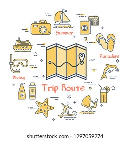 Vector round summertime vacation concept with yellow map with route path icon in center. Trip planning, outdoor entertainment, beach holiday and summer activity - windsurfing, kite surfing and diving