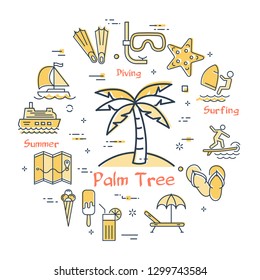 Vector round summertime vacation concept with yellow palm tree icon in center. Trip planning, outdoor entertainment, beach holiday and summer activity - windsurfing, kite surfing water activity