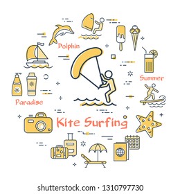 Vector Round Summertime Vacation Concept With Yellow Kite Surfing Entertainment Icon In Center. Trip Planning, Water Activity, Beach Holiday And Summer Holiday - Windsurfing, Sailing And Diving