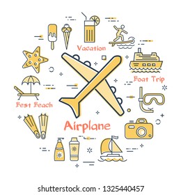 Vector round summertime vacation concept with yellow airplane icon in center. Trip planning, water entertainment, beach holiday and summer activity - windsurfing, kite surfing and diving