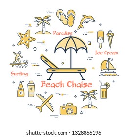Vector round summertime vacation concept with yellow beach chaise icon in center. Trip planning, water entertainment, beach holiday and summer activity - windsurfing, kite surfing and diving