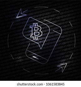Vector round symbol of currency with bitcoin sign, mobile phone and arrows for mobile apps. Line icon for financial transactions on black binary background.