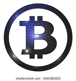 Vector round symbol of currency with bitcoin sign. Icon for financial transactions with black binary background.