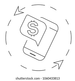 Vector round symbol of currency with dollar sign, mobile phone and arrows for mobile apps. Line icon for financial transactions.
