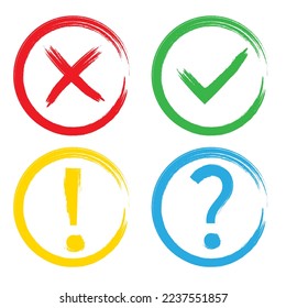 Vector round symbols, flag buttons, checklist for the site. Question mark, exclamation, cross and tick icon