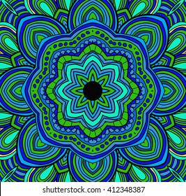 Vector round symmetrical pattern in green, blue and black colors. Mandala. Kaleidoscopic design. Yoga sign.