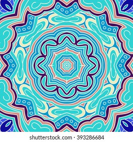 Vector round symmetrical pattern in red, blue and yellow colors. Mandala. Kaleidoscopic design. Yoga sign.