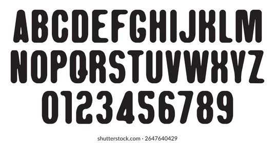 Fonte simples simétrica redonda vetorial. Conjunto de letras e números do alfabeto latino. A IA não é usada