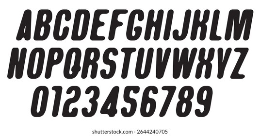 Vector round symmetrical simple italic font. Set of letters and numbers of the Latin alphabet. No AI used