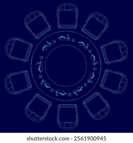 Vector round table blue contour. Table Icon Object, Round Table Icon Picture, top view, Vector illustration