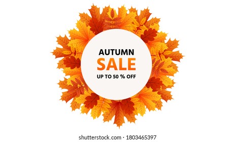 Vector round template frame with wreath or pile of colorful yellow and orange maple leaves. Modern 3d discount or sale commercial banner.