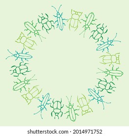 Vector round template made of green insects with an empty space inside for text. a frame of beetles drawn by hand in doodle green and turquoise lines on a light green background for a design template.