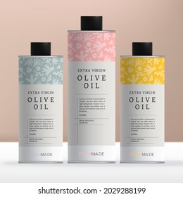 Vector Round Tin Box or Bottle Packaging for Olive Oil Products with Minimal Floral Pattern.	
