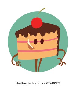 Vector round turquoise frame with cartoon image of a funny orange piece of cake covered with chocolate icing with a red cherry on top on a white background. Sweets, happiness, childhood. 